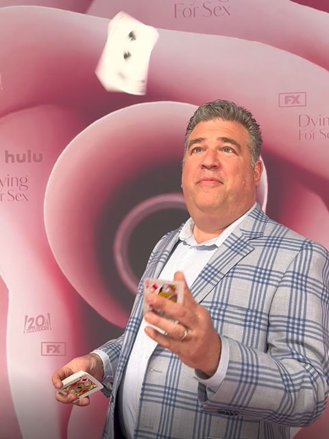 Scott performs his amazing flying trained card trick at a movie premiere in New York City.